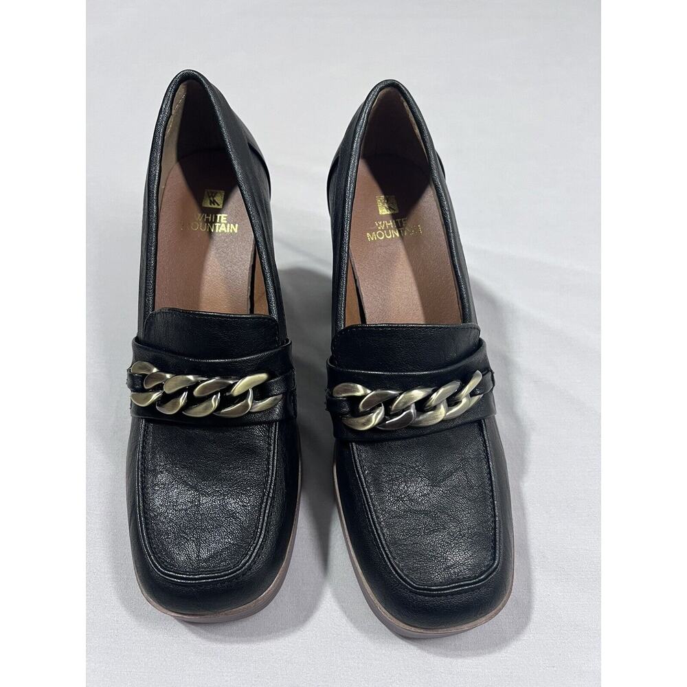 White Mountain Shoe Women 8 Black Loafer Heel Y2K 90s Chain Accent Dark Academia - Picture 4 of 9